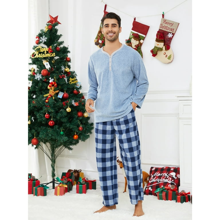 U2SKIIN Couple Pajama Sets, Plaid Matching Pajama Set for Men and Women  Soft Warm Pjs Set（Blue Mel./Navy-Blue Mel. Plaid Womens, XX-Large）