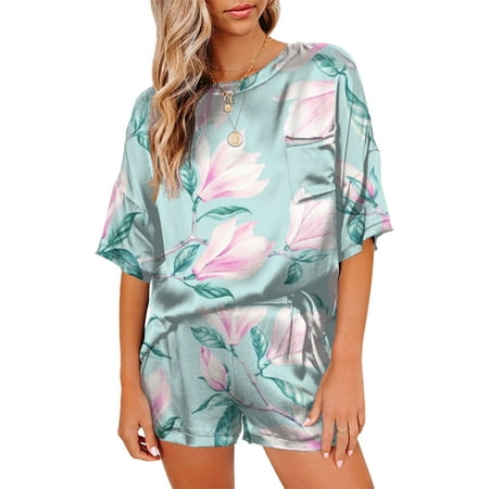 

Tie Dye Print Lounge Set for Women Summer Short Sleeve Crew Neck Tops and Shorts Silk Satin Pajamas Sleepwear Homewear