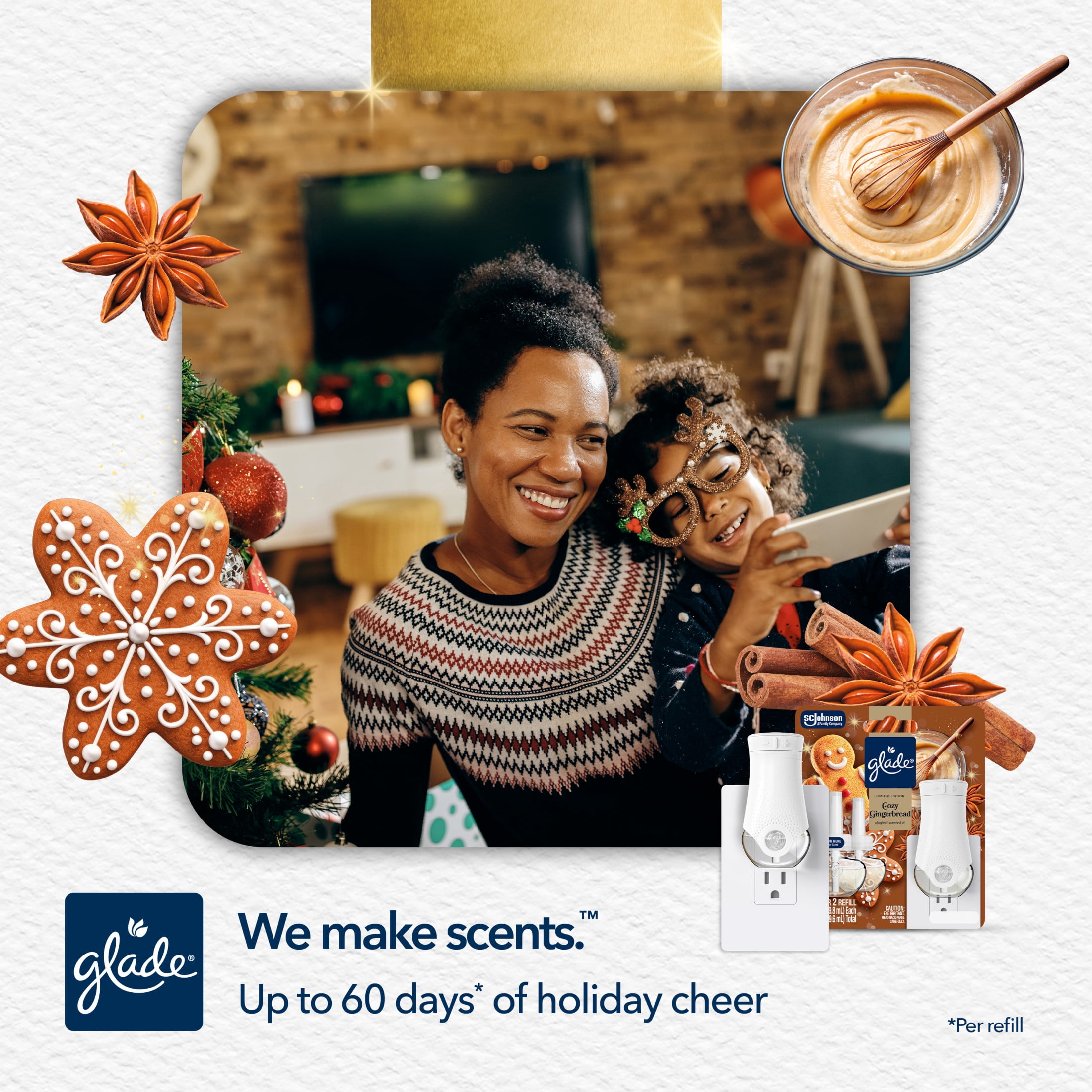 Glade® PlugIns® Starter Kit, Air Freshener, Cozy Gingerbread, 1.34 fl oz, 1 Warmer + 2 Refills