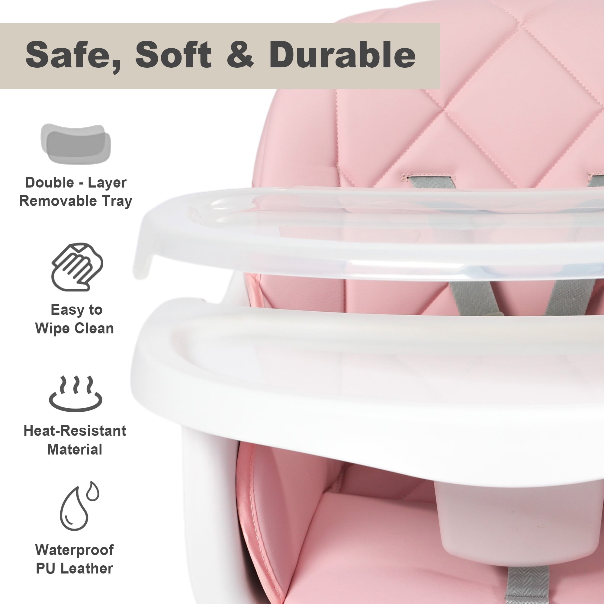 AILEEKISS 7 in 1 Wooden Baby High Chair for Toddler Infant Feeding Chair with Removable Tray Pink