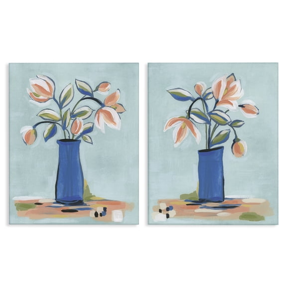 Stupell Industries Blue & Peach Flowers Plants & Flowers Painting Wrapped Canvas Art Print Wall Art, 16 x 20, Set of 2