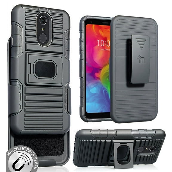 Case with Clip for LG Q7, Nakedcellphone Black Ring Grip Cover   Belt Hip Holster Stand [with Built-In Mounting Plate] for LG Q7 Plus, Q7, Q7 
