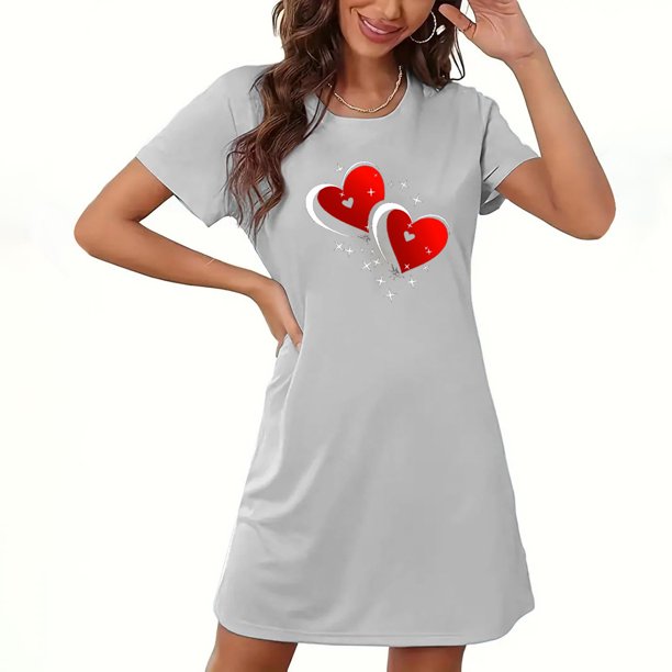 Camisón corto de San Valentín para mujer, talla grande, estampado en el pecho, cuello redondo, manga corta