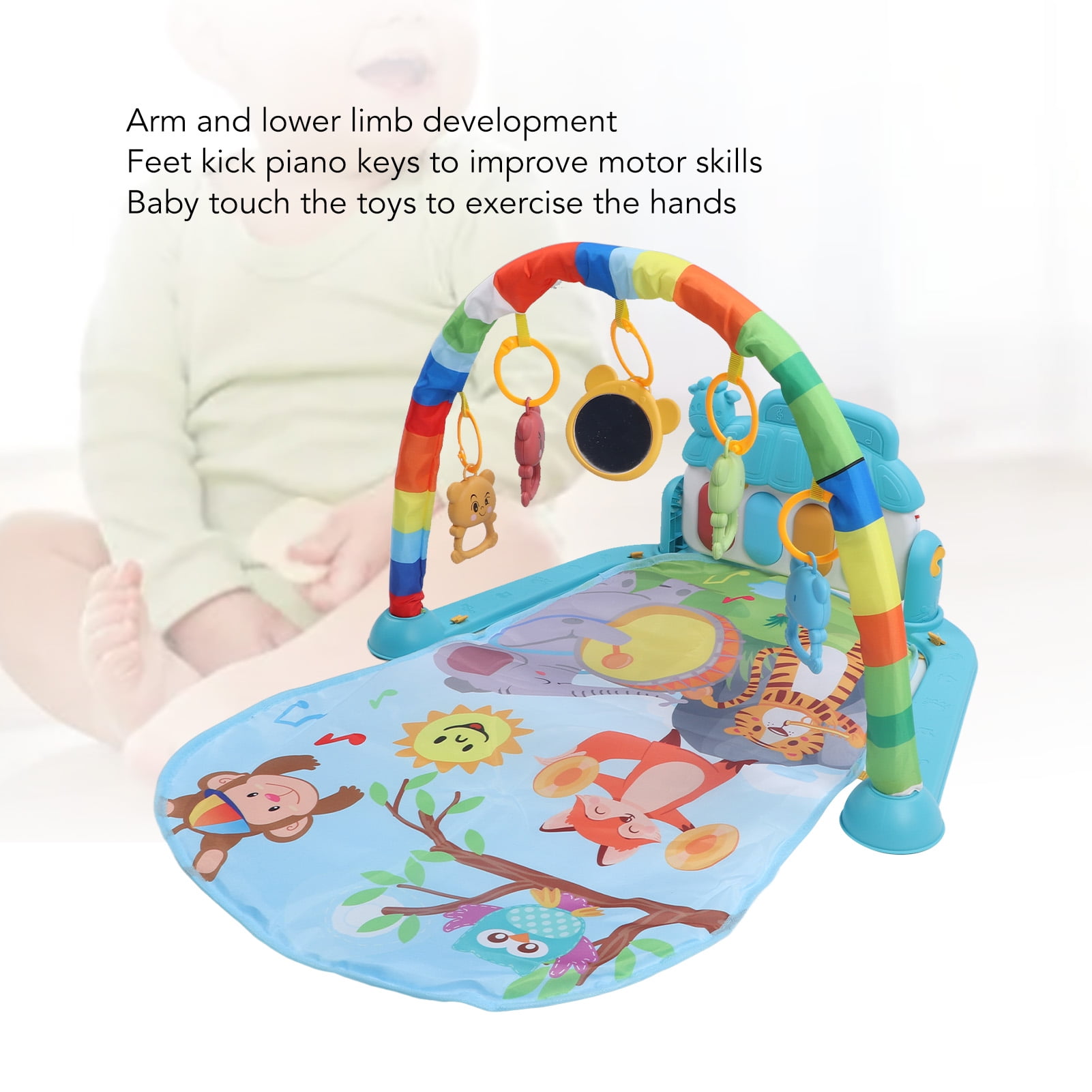 BIMZUC Baby Gyms Play Mat Infant Activity Play Piano Tummy Time Mat with Hanging Rattles Monkey and Owl Pattern, Multicolor