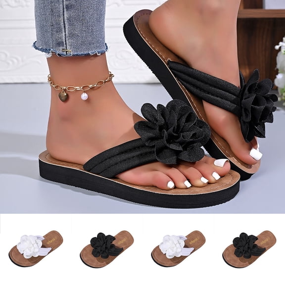 Women's Dressy Flat Sandals Flower Round Toe Platform Flip Flops Summer Beach Comfortable Boho Shoes Flats Sandal White 9.5(43)