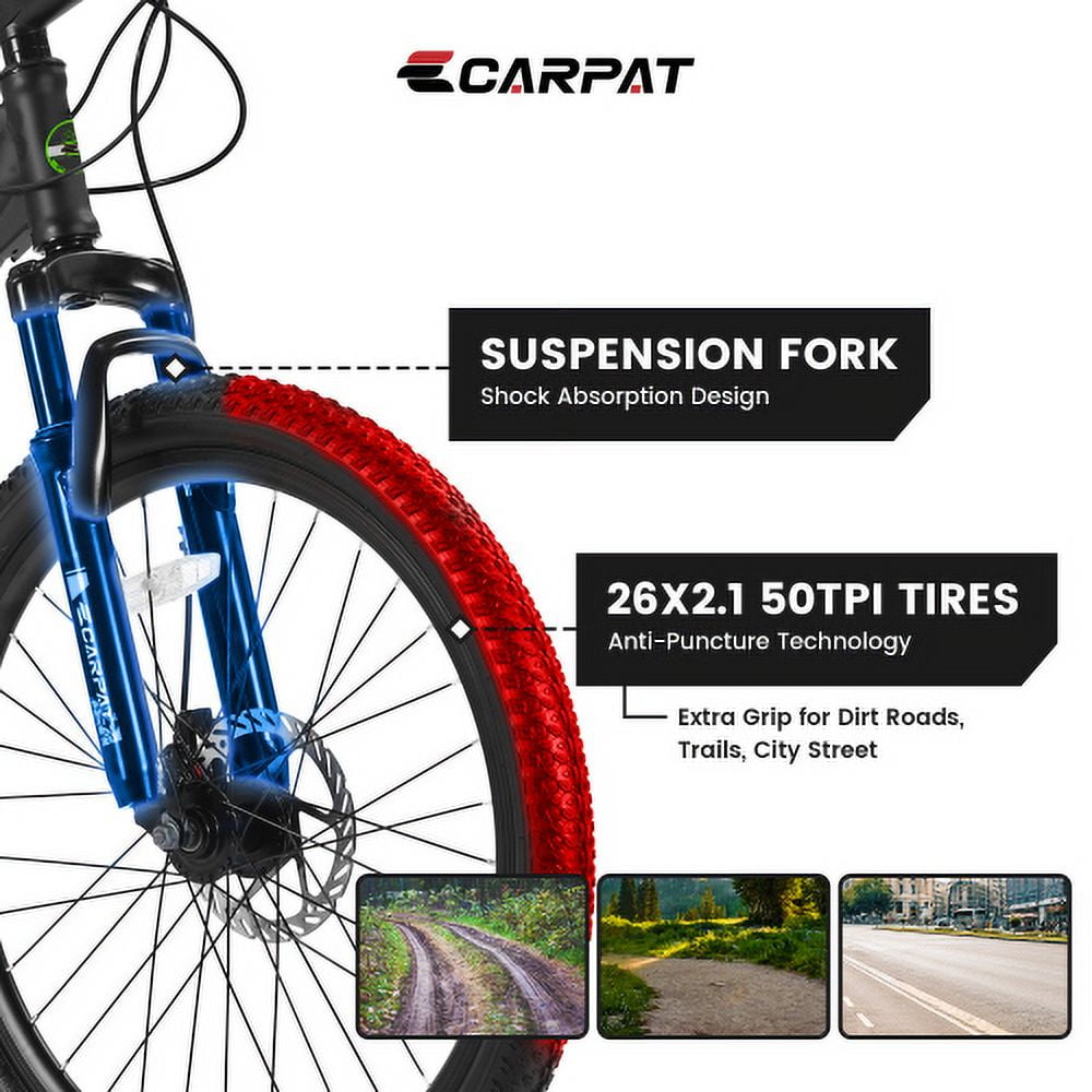 SUWU 24/26 Inches Wheels Mountain Bike High Carbon Steel Mountain Bicycles for Adults All-Terrain Tires 21-Speed MTB Suspension Fork Dual Disc Brakes for Womens Mens