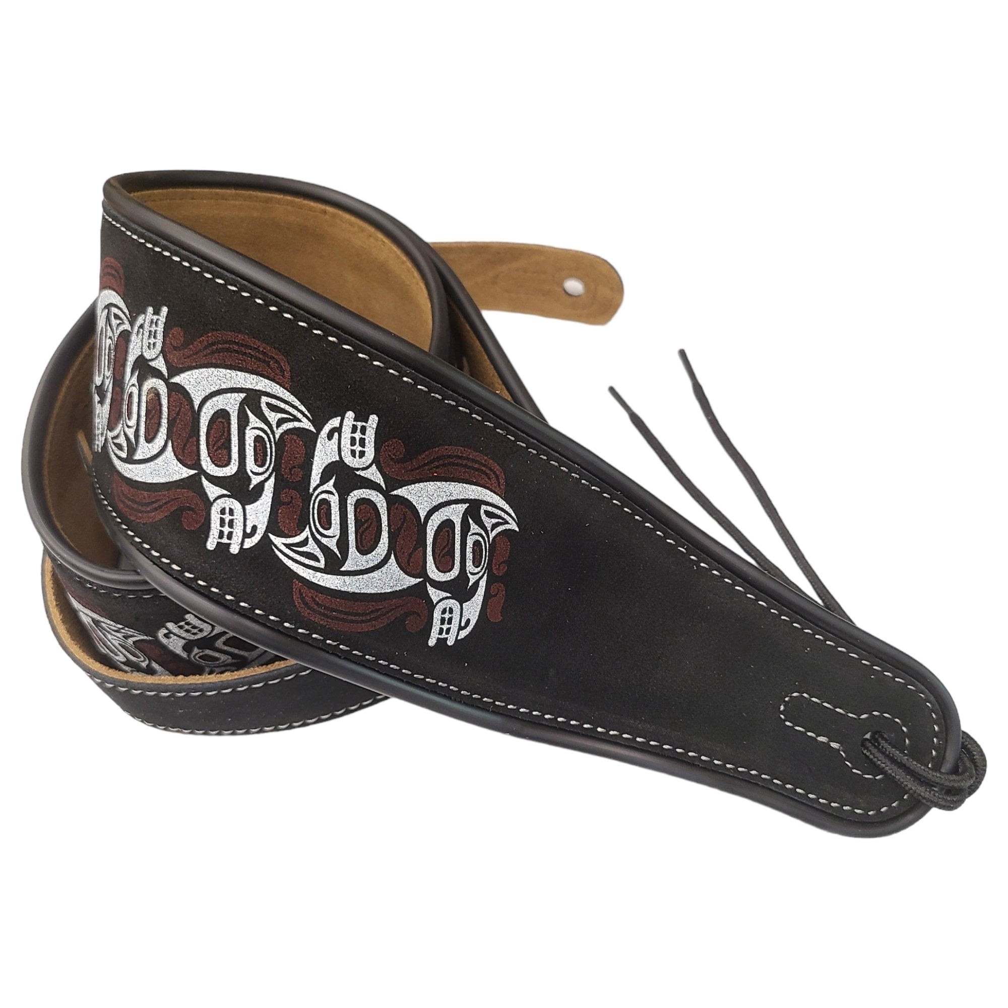 Leather Strap Acoustic Electric Guitar Bass Black Brown Notes Wide Thick Padded Black Suede Tribal Horse