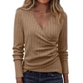 thumbnail image 2 of MLQIDK Women's Long Sleeve V-Neck Solid Color Pullover Knit Top Soft Stretchy Casual Wear Versatile Layering Piece Khaki XL, 2 of 5