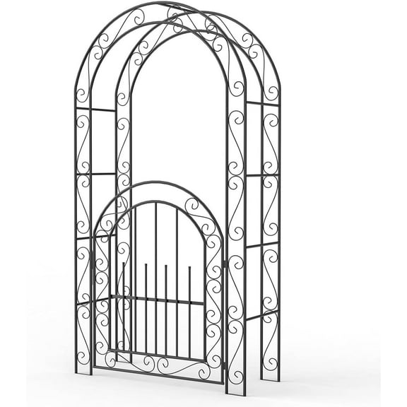 GAOMON Metal Garden Arbor with Gate – Outdoor Arch Trellis for Climbing Plants, Wedding Ceremony Decor, and Backyard Use, Durable & Rustproof Garden Archway for Lawn, Patio, Black