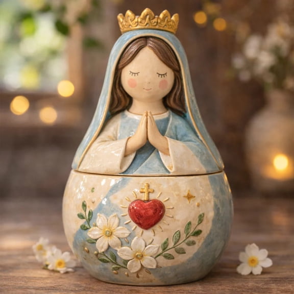 Mini Prayer Figure, Jewelry Box Resin Handmade Mary Virgin Jesus Praying Christian Keepsake Box Catholic Gift for Men Women