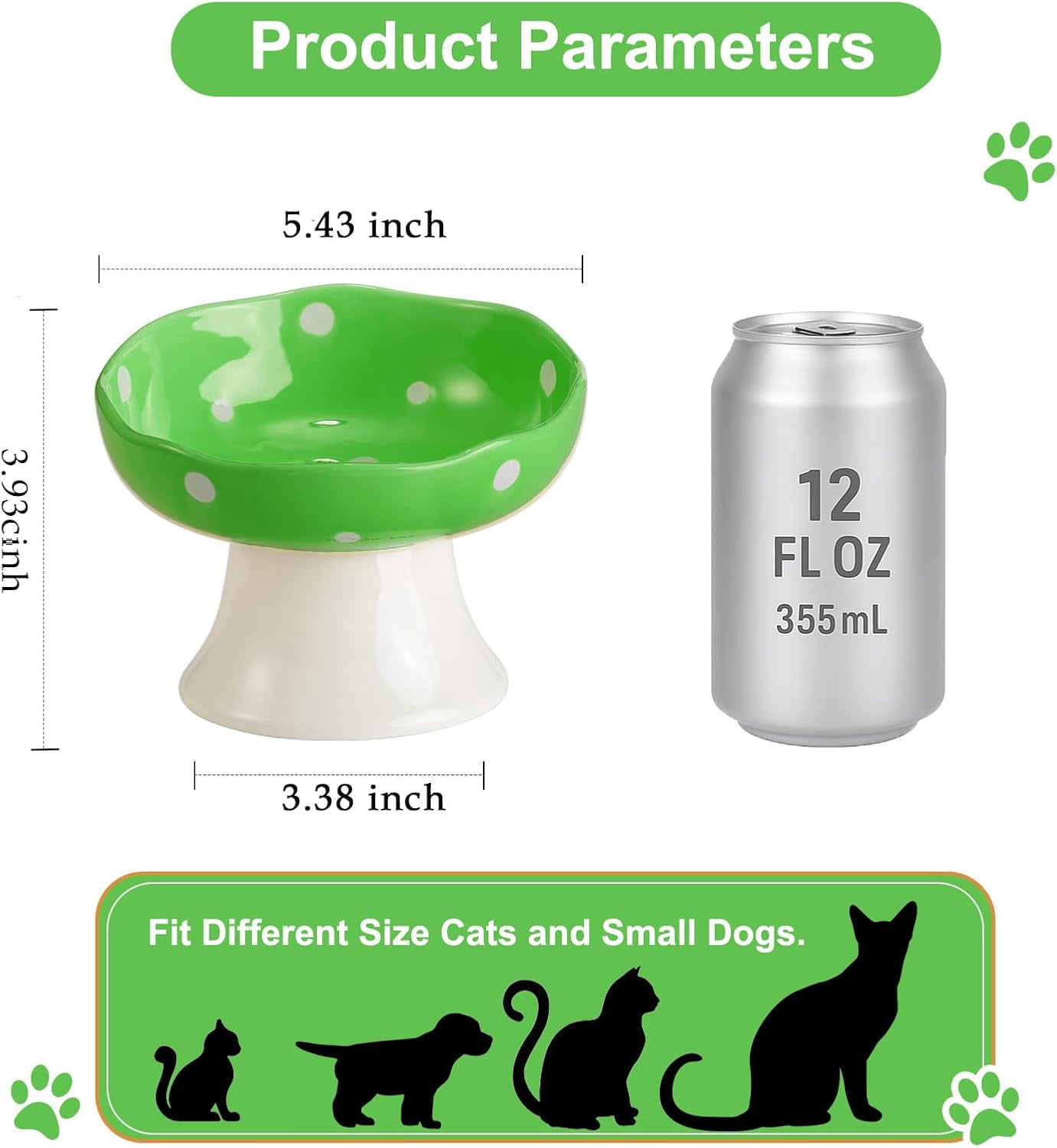 Ceramic Elevated Cat Bowls, Tilted Raised Pet Dish Anti Vomit Kitten Bowl for Indoor Cats, Whisker Friendly Pet Food and Water Bowl for Kitten, Cat, Puppies, Dishwasher Safe (Green)