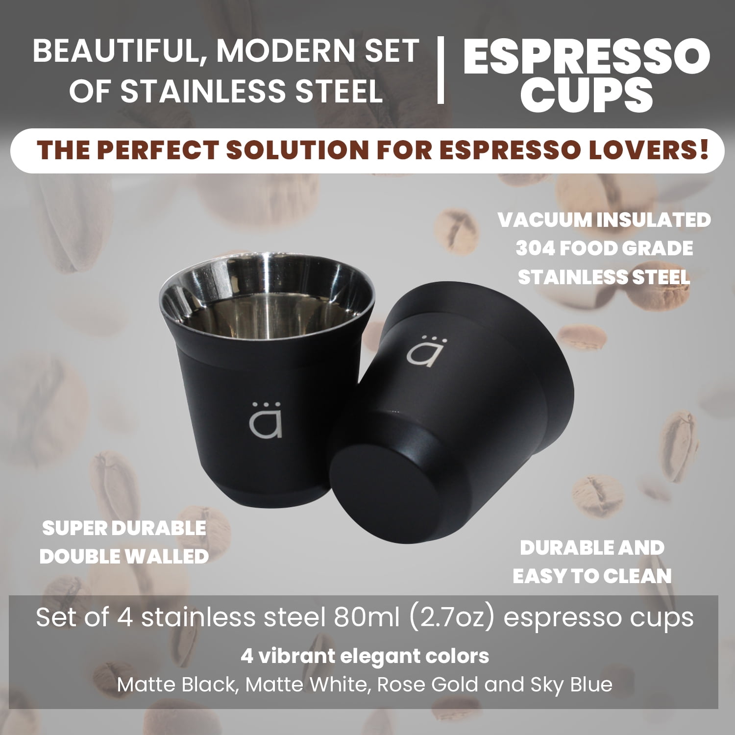 80ml Stainless Steel Espresso Cups Set - 2 Pack Double Wall 304