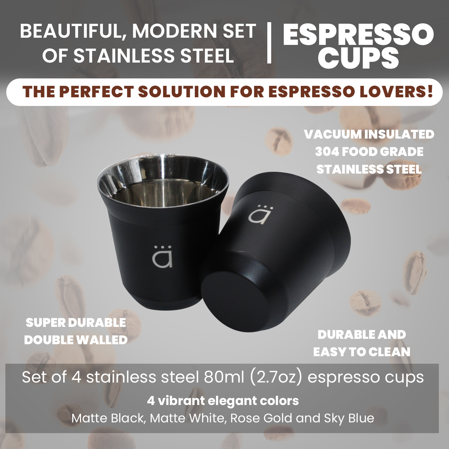 Kalmateh Double Wall Insulated Stainless Steel Espresso Coffee Cup Set, Pack of Four - Heat Resistant Espresso Coffee Cups- 2.7oz 80ml (Light Blue)