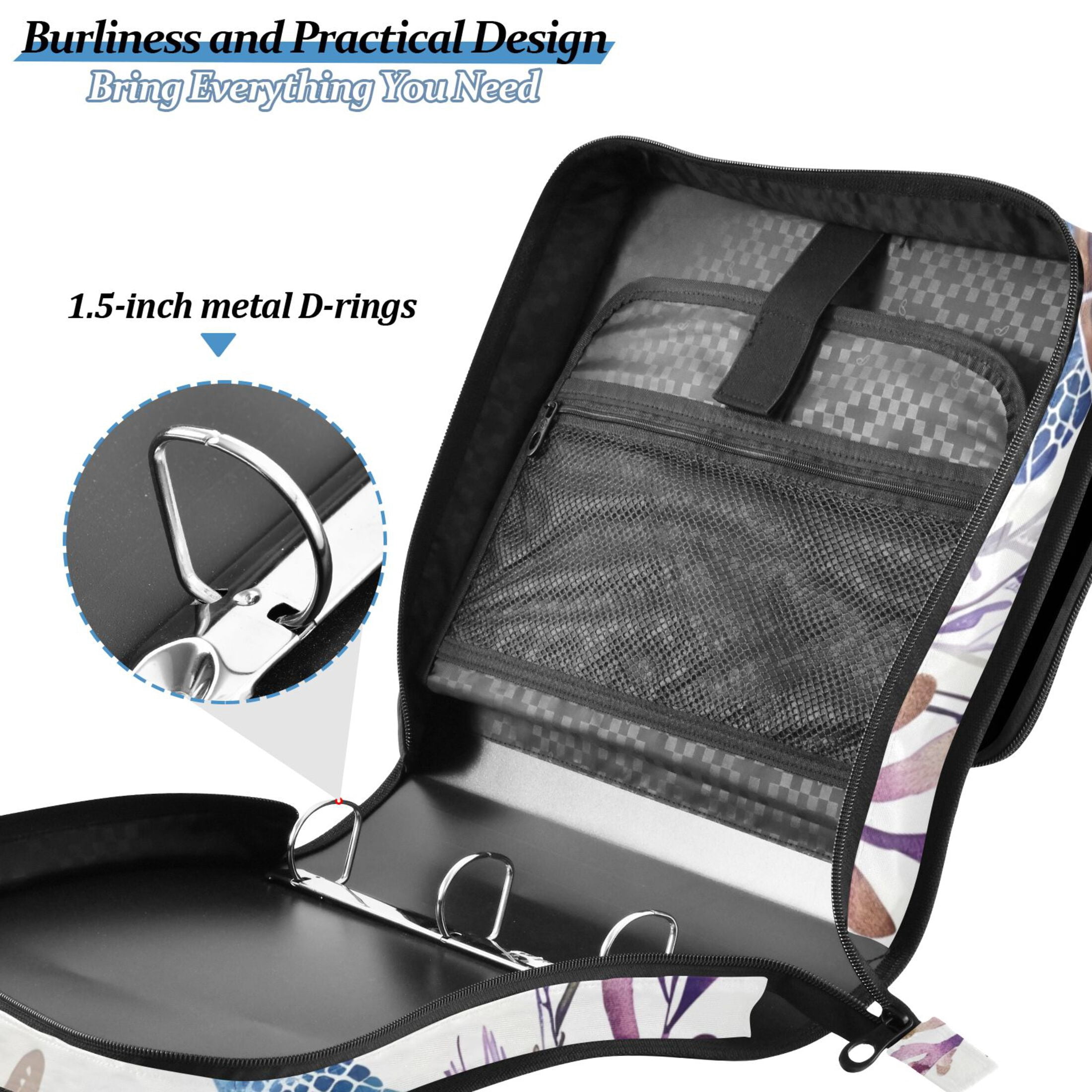 3 Ring Zipper Binder with Shoulder Strap Waterproof Trapper Keeper 2 Inch D-Ring 500 Sheets Capacity Turtle Fish Starfish Seaweed