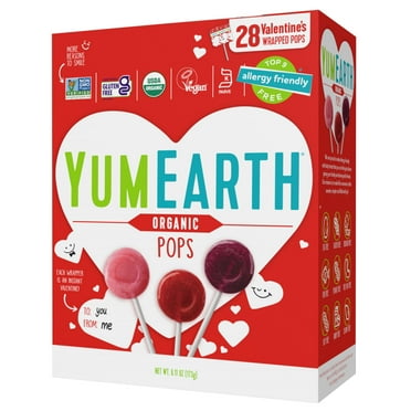 YumEarth Organic Valentine Pops, Assorted Flavors, Gluten Free, Shelf-Stable, 28 Count Box