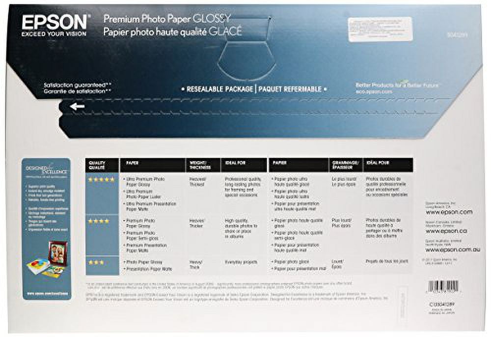 Epson Premium Photo Paper, 10.4 mil, 13 x 19, High-Gloss White, 20/Pack  (S041289)
