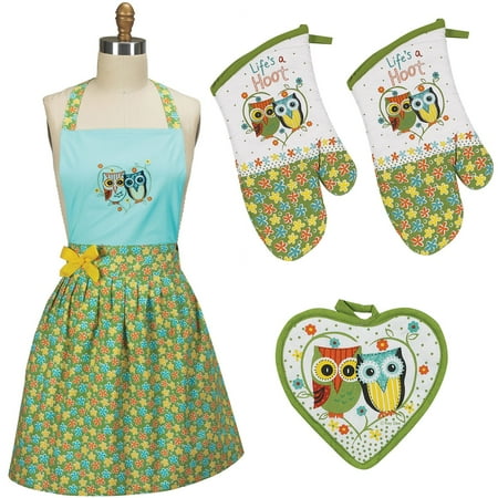 Kayo Designs - Kay Dee Designs Life's a Hoot Apron, Pot holder and 2 Oven mitts, 4 piece set
