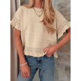 thumbnail image 4 of Women's Knit Crochet Short Sleeve Round Neck Ruffled Hem Pullover Fall Sweater for Casual Summer Khaki S, 4 of 8