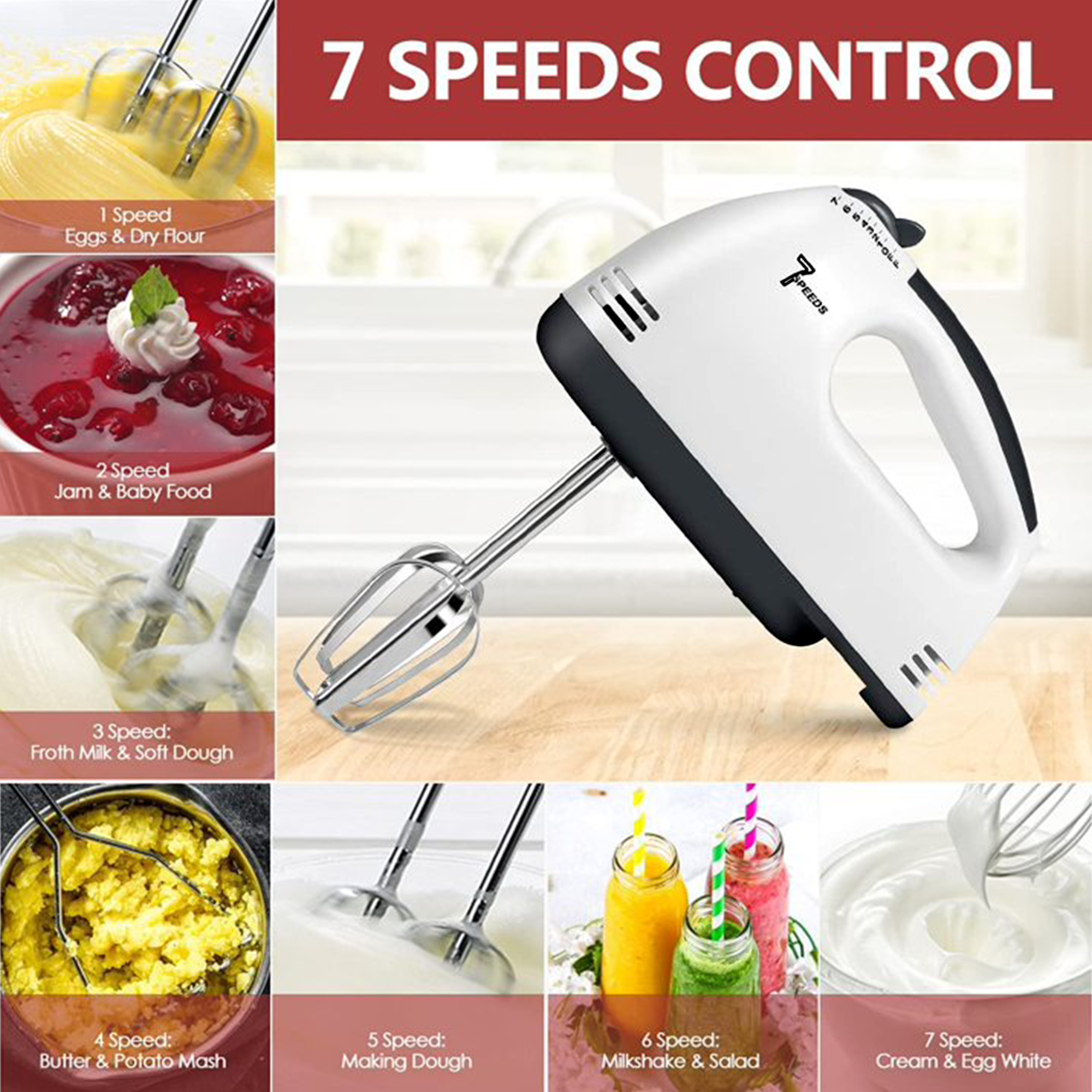 Electric Hand Mixer, 7-Speeds Lightweight Hand-Hand blender mixer, Portable Powerful Kitchen Mixer Stainless Steel Egg Whisk with Egg White Separator, Egg Sticks & Dough Sticks for Baking & Cakes