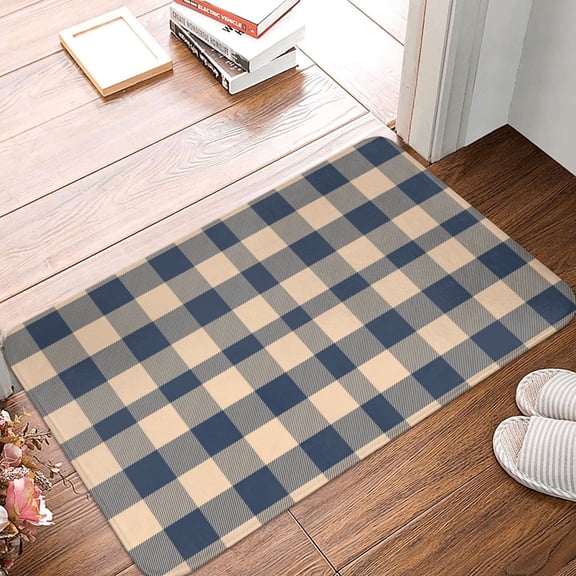 Front Door Mat Indoor Outdoor Outside Entrance - 16*24in Washable Blue Brown Twill Stripe Plaid Thin Bathroom Rugs Fit Under Door, Bath Rugs for Bathroom, Kitchen Rugs Mats for Floor