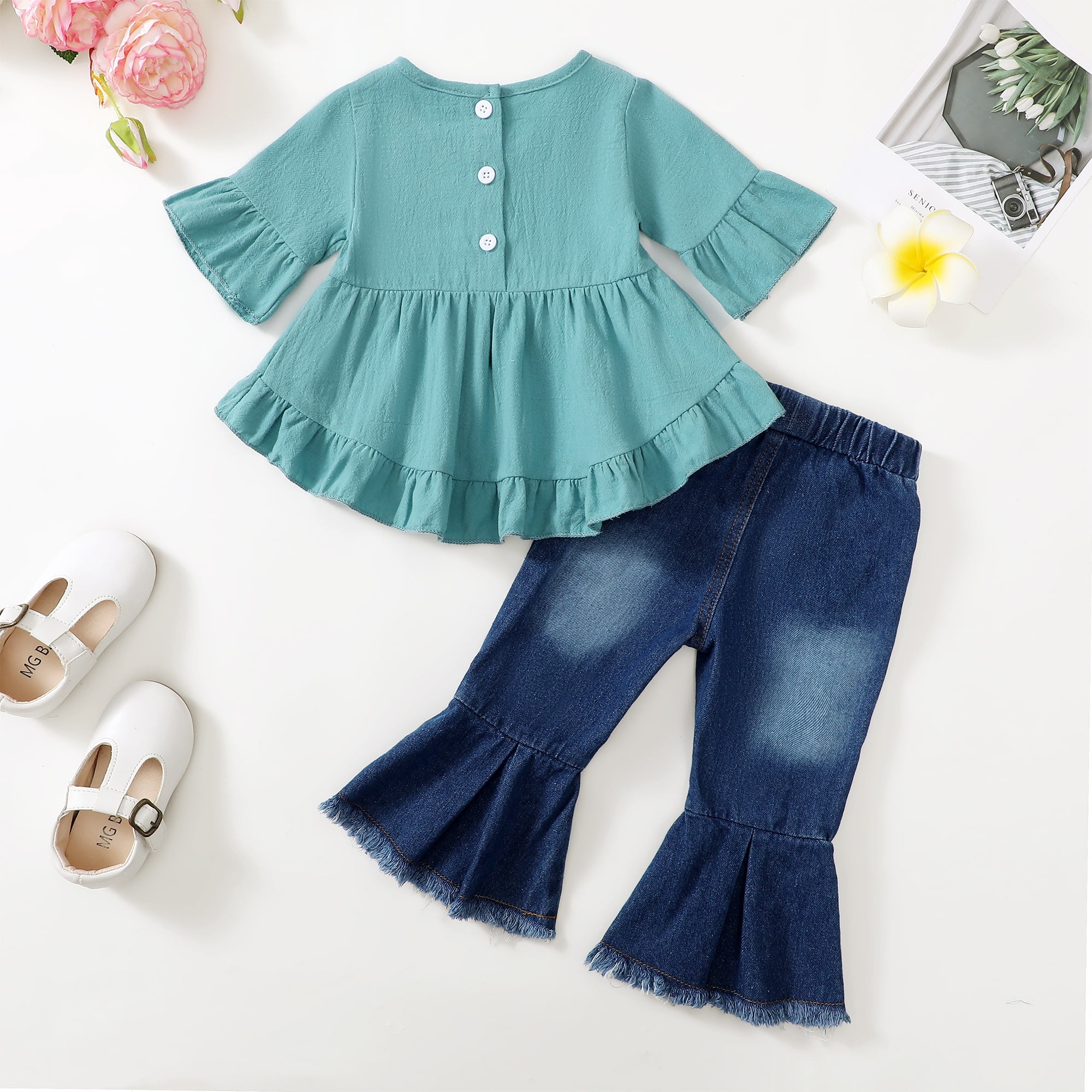 Infant Baby Girls Clothes 6 Months Girls Outfits 12 Months Girls Short Sleeve Round Neckline Top Jeans Pants 2PCS Girls Clothing Set Green