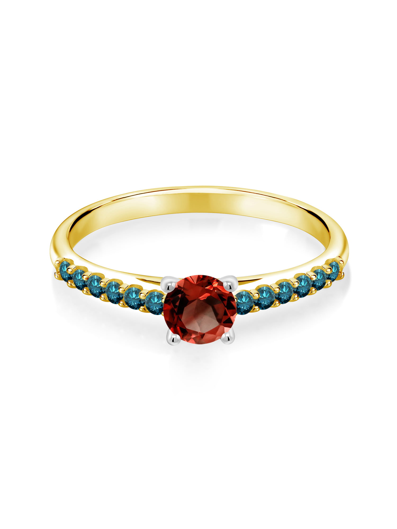 Gem Stone King 1.20 Ct 5mm Round Red Garnet Blue Diamond 10K Yellow Gold  Ring with White Gold Prongs