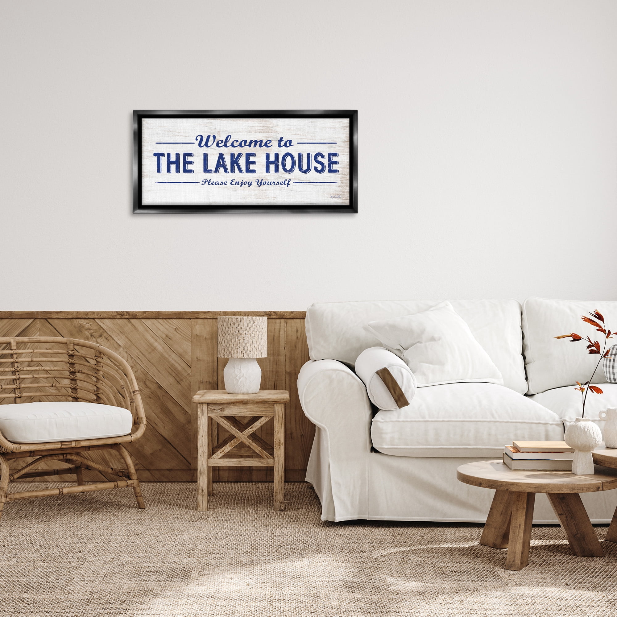 Stupell Industries Rustic Lakehouse Welcome Typography Painting Black Floater Framed Canvas Art Print Wall Art, 31 x 14