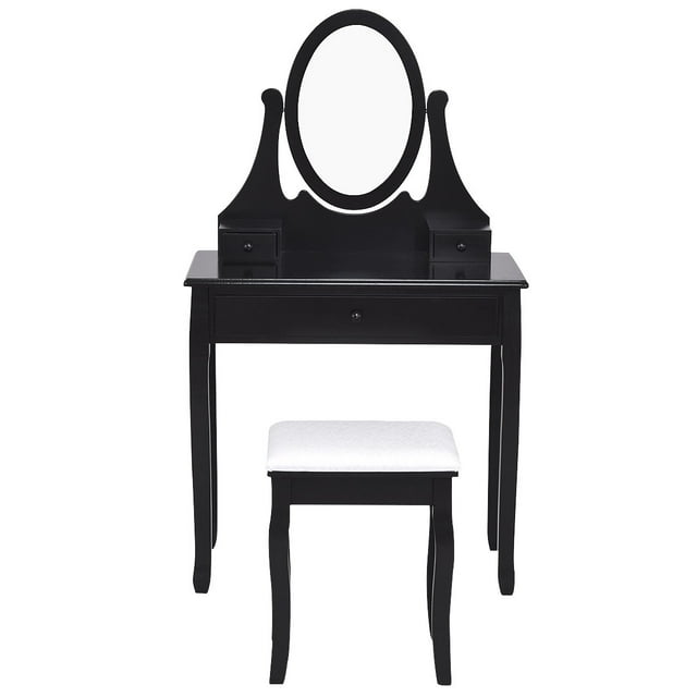 Patiojoy Mirrored Dressing Table Wooden Vanity Makeup Unit w/ Cushioned Stool Black
