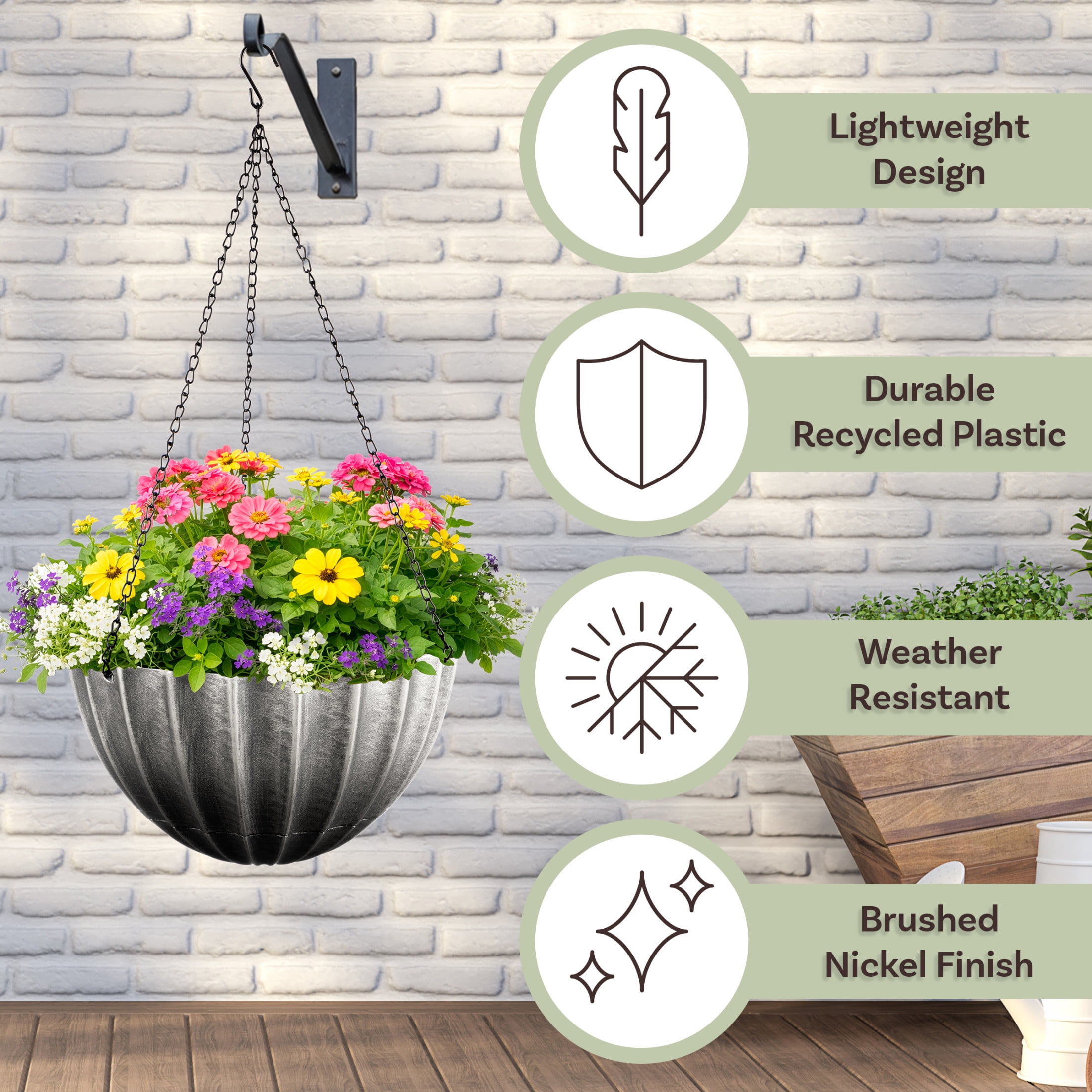 Pure Garden 10.25in Durable Plastic Hanging Planter 2-Pack with Drainage Reservoir, Gray