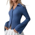 thumbnail image 2 of Blusa Informal de Larga Acampanada con Botones y Cuello Lechuga para Mujer. Blusa de Trabajo. Azul Pavo Real S, 2 of 10
