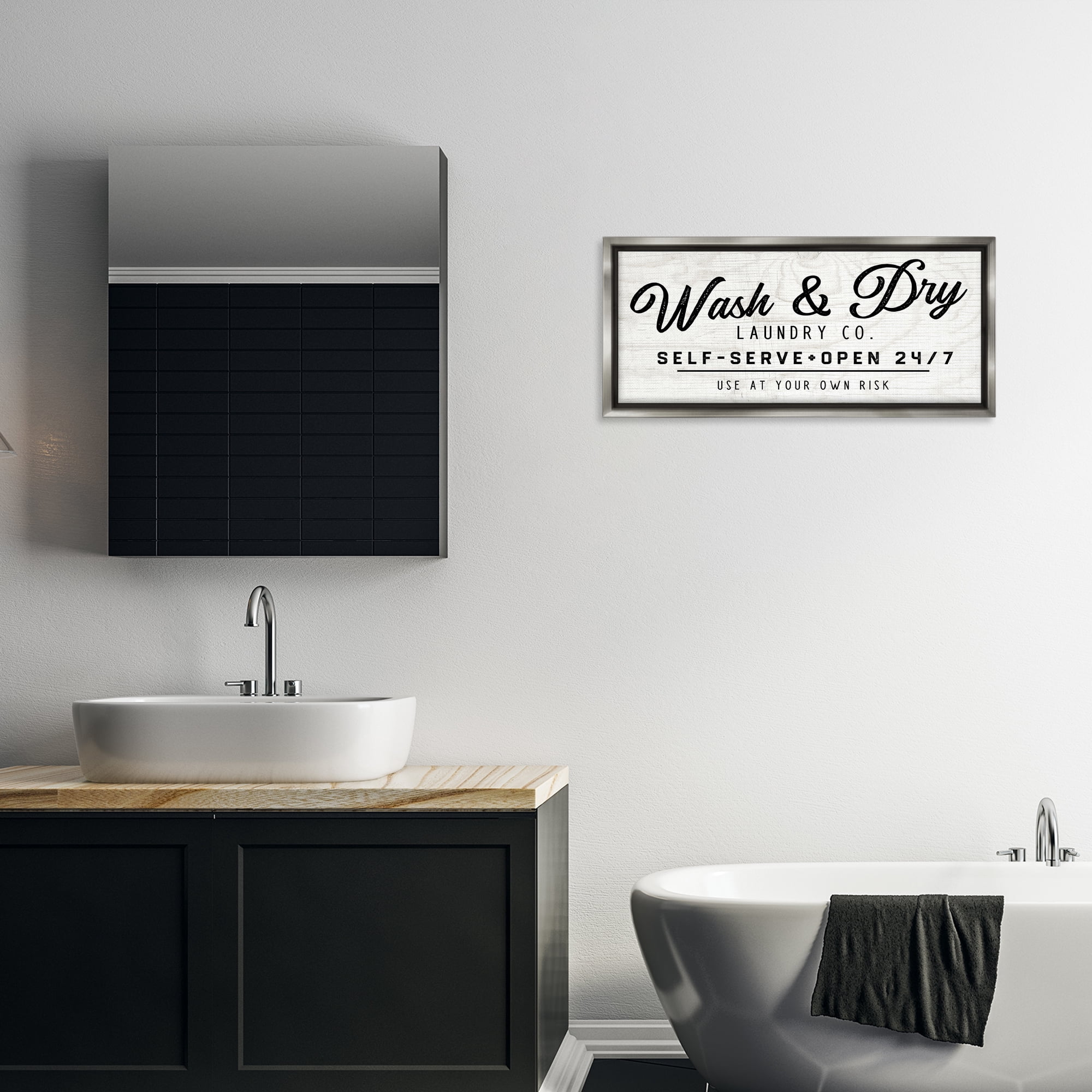Stupell Industries Self Service Laundry Typography Painting Gray Floater Framed Art Print Wall Art, 31 x 14