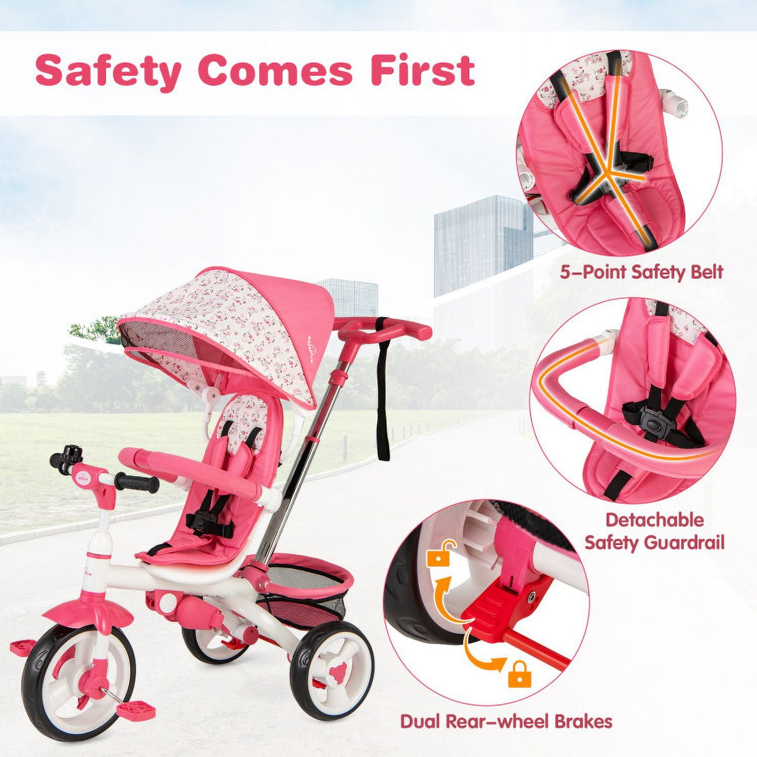 Resenkos 5-in-1 Detachable Baby Stroller Tricycle with Round Canopy-Pink, Infant Stroller for Infant & Toddler