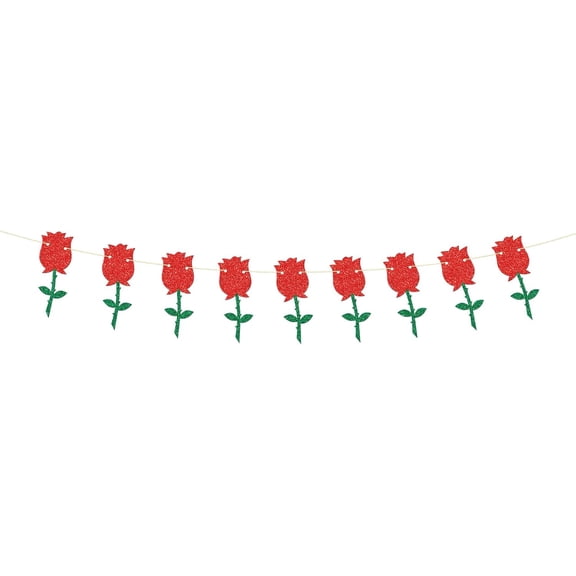 Rose Flower Banner Rose Garland Mom Birthday/Wedding/Engagement/Wdding Anniversary/Mother's Day/Valentine's Day Party Decoration Supplies Red Glitter