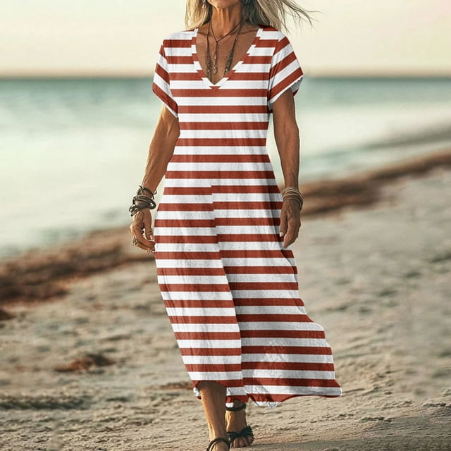 Taylonsss Robe Longue Décontractée à Manches Courtes Col en V Imprimé Floral pour Femmes Tenue de Plage