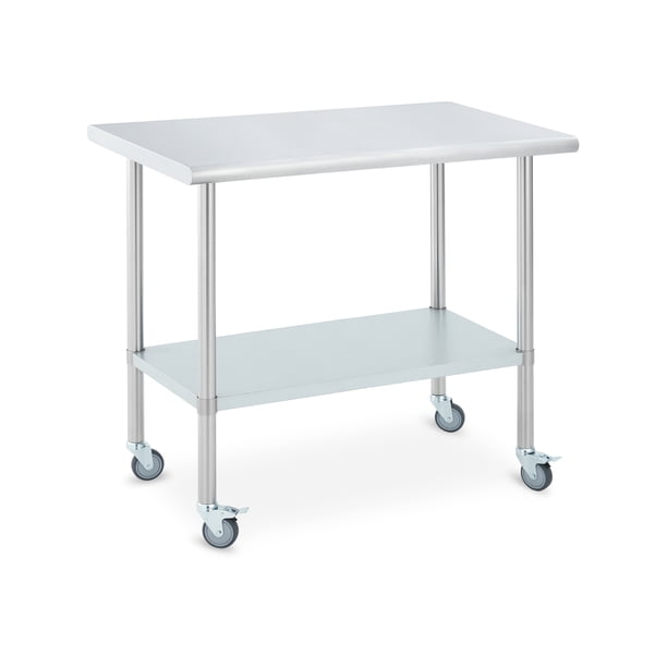 Mesa de trabajo comercial de acero inoxidable - Resistente y móvil con ruedas bloqueables y estante ajustable - Ideal para cocina industrial, restaurante, garaje y exteriores - Tamaño 24x48in