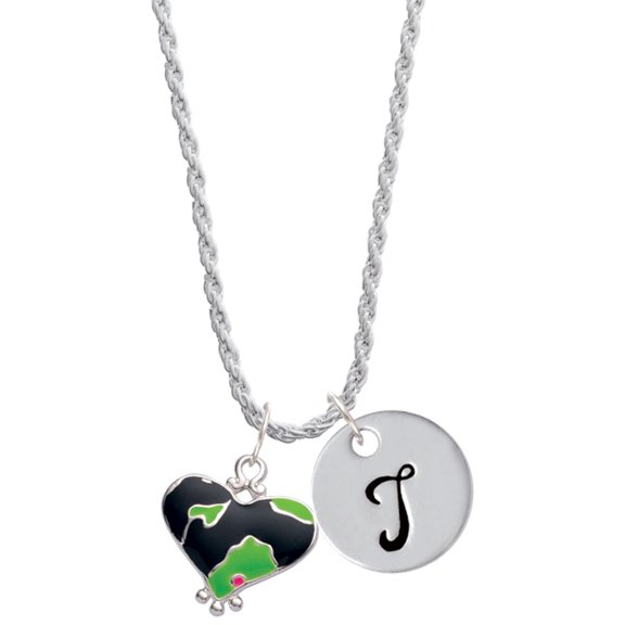 Delight Jewelry Silvertone Lime Green Large Cheetah Print Heart Silvertone Script Initial Disc - T - Charm Necklace, 20"+3"