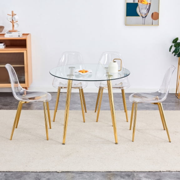 TesNus Round Glass Dining Table Set for 4, Modern Clear Acrylic Chairs with Gold Metal Legs, Small Kitchen and Dining Room Table Set