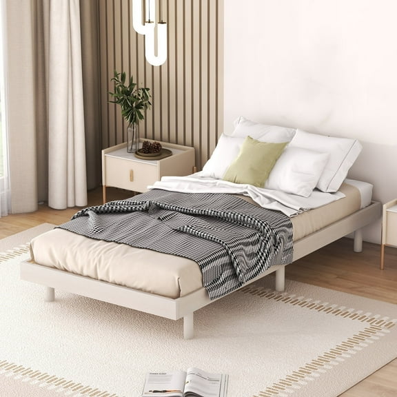 Nmkwnr Twin Size Wood Platform Bed Frame for Living Room, Bedroom, White