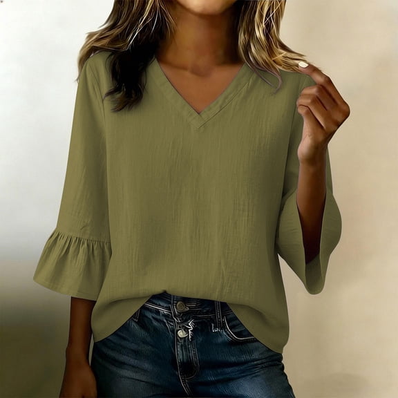Women's Solid V-Neck Quarter Sleeve Blouse Casual Fashion Top