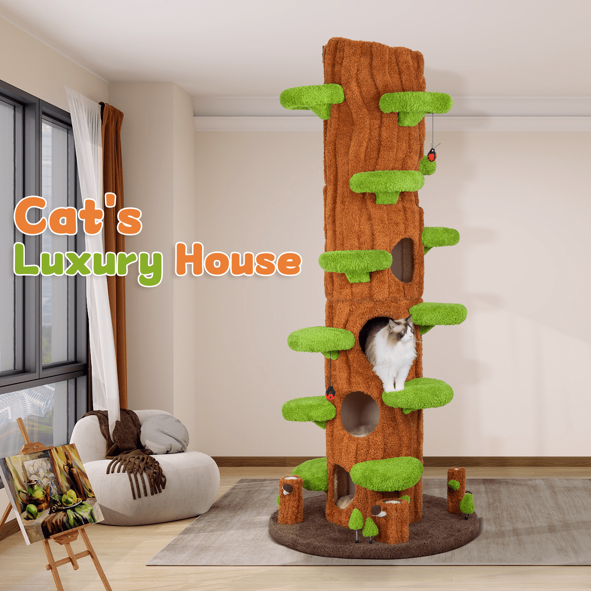 LHBCraft 88.6" Tall Cat Tree for Indoor Cats, Large Cat Tower with Luxury Cat Condo, Cat Tree Tower with Soft Cushion, Scratching Board, Plush Platform and Top Perch
