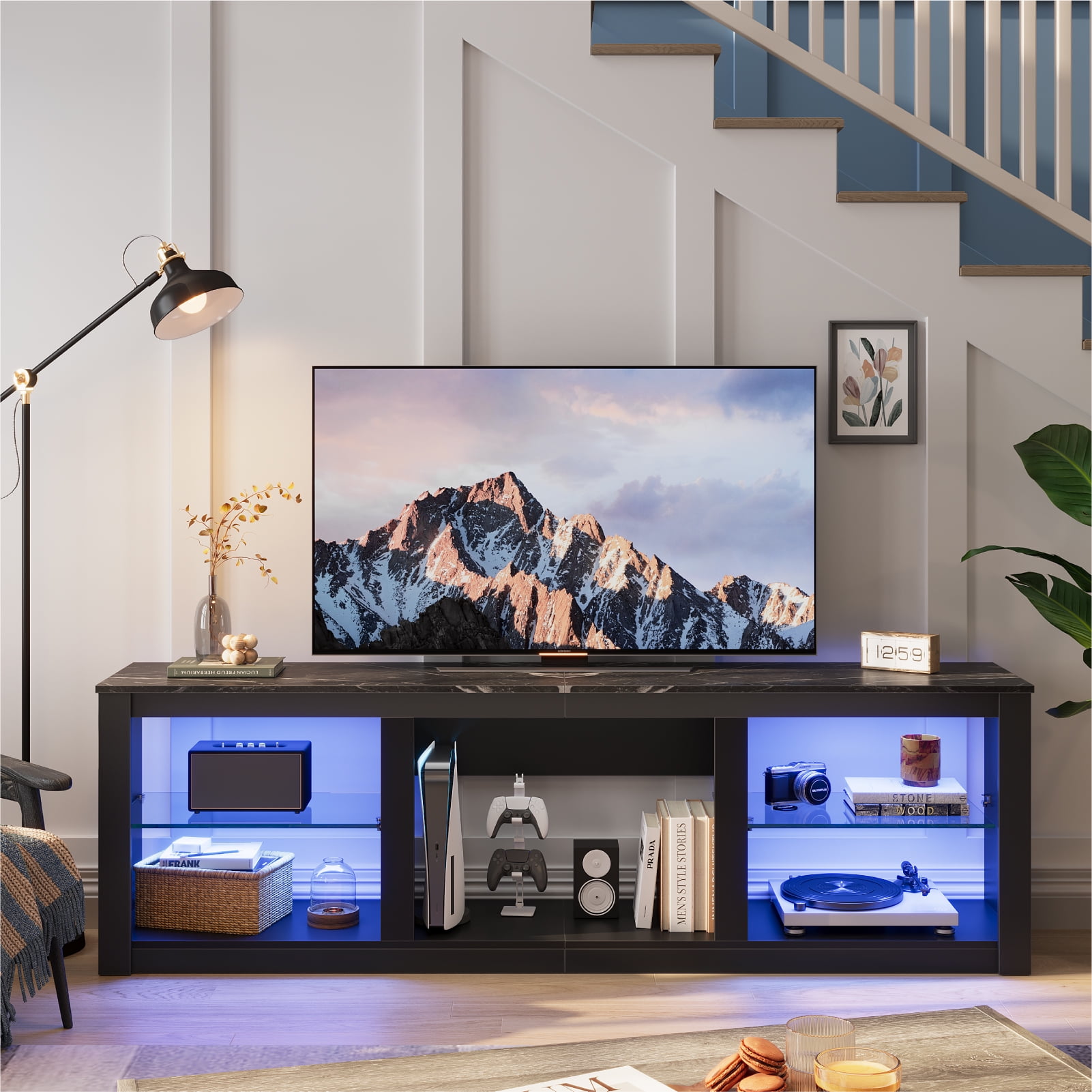 Bestier LED TV Stand for TVs up to 75'', Modern Entertainment Center with Remote Controlled RGB Lights, Adjustable Glass Shelves & Open Storage, Media Console for Living Room, Black