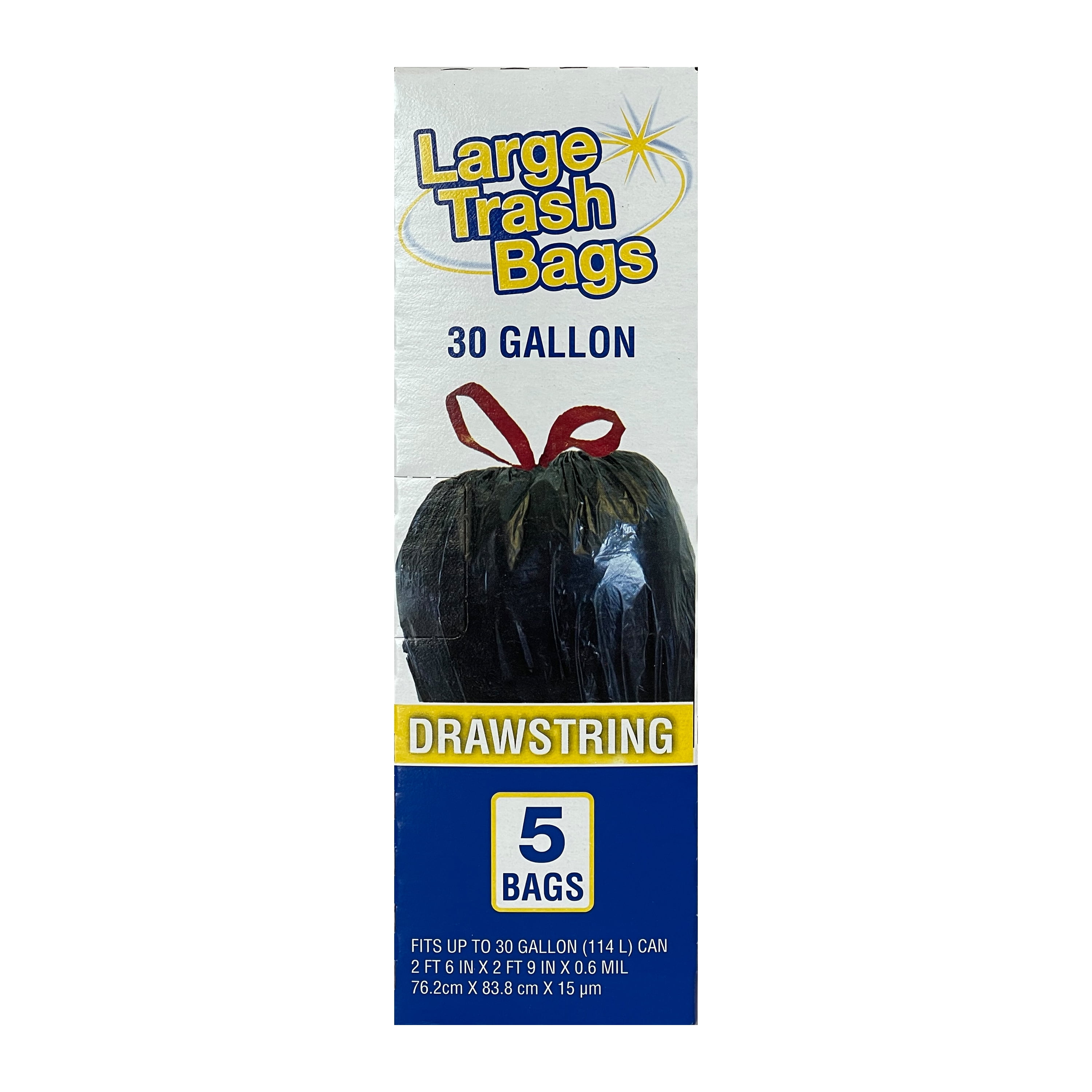 Basic Large Trash Bags, 30 Gallon, 5 Bags (Drawstring)