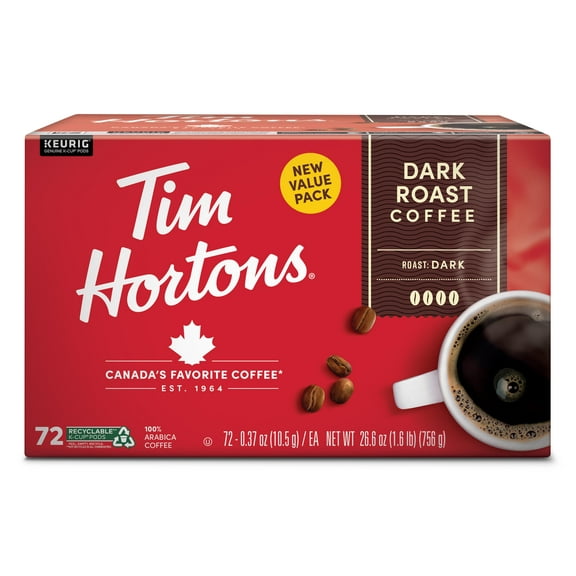 Tim Hortons Dark Roast K-Cup Coffee Pods for Keurig Brewers, Recyclable, 72 Ct
