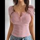 thumbnail image 4 of Camisetas de Verano de Corta con Cuello en V para Mujer, Blusa Informal de Punto Henley con Botones Rosa M, 4 of 8