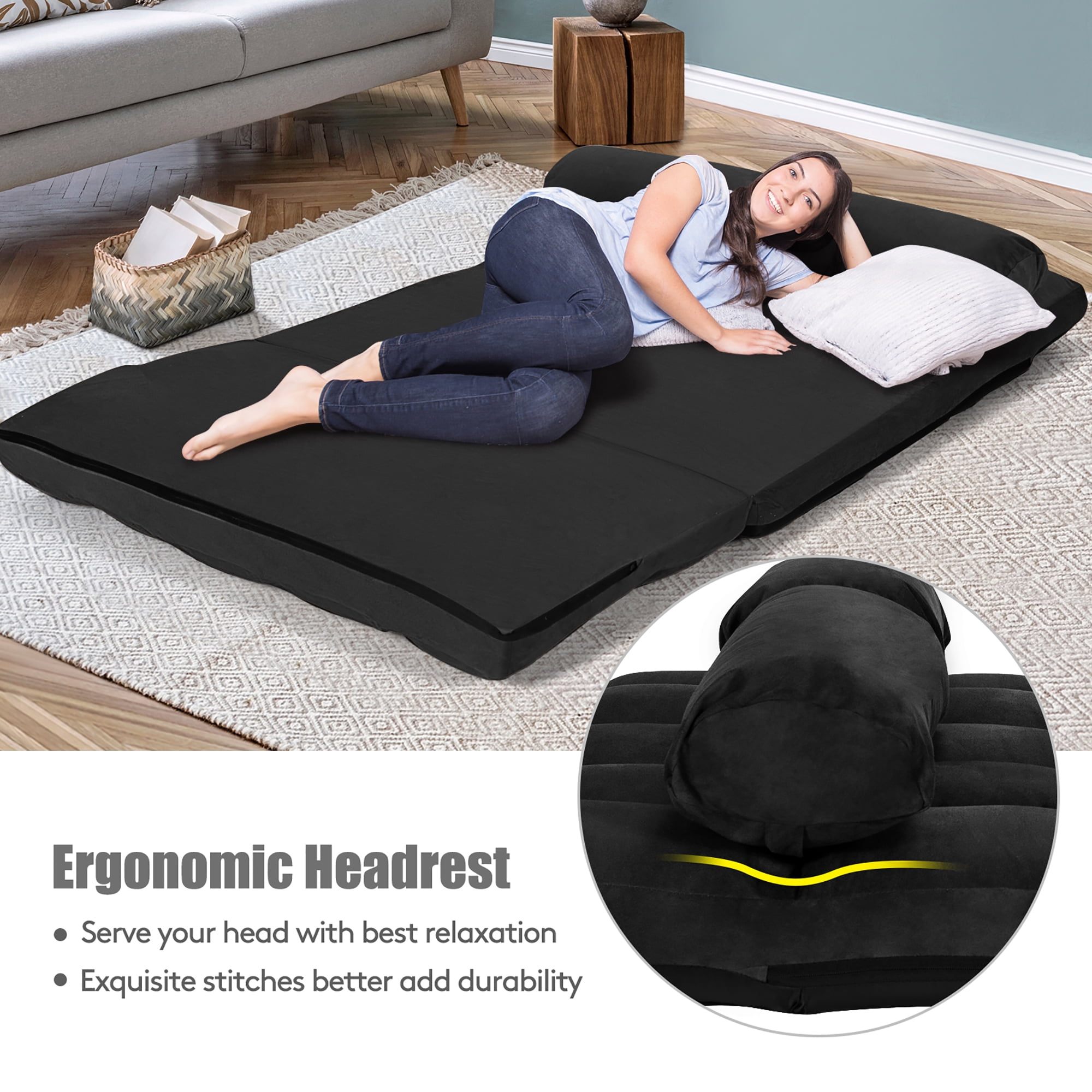Costway Foldable Floor Sofa Bed 6-Position Adjustable Couch w/ 2 Pillows Black