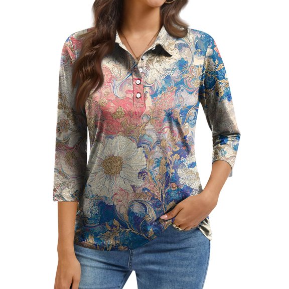 ASDFVBKG Womens Button Down Shirts Soft 3/4 Sleeve Fashion Tee Shirts Collared Tunic Vintage Pattern Relaxed Fit Loose Fit Tops Sky Blue M