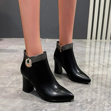 

ERTUTUYI Ladies Fashion Leather British Style Rhinestone Side Zipper High Heel Short Boots Black 40