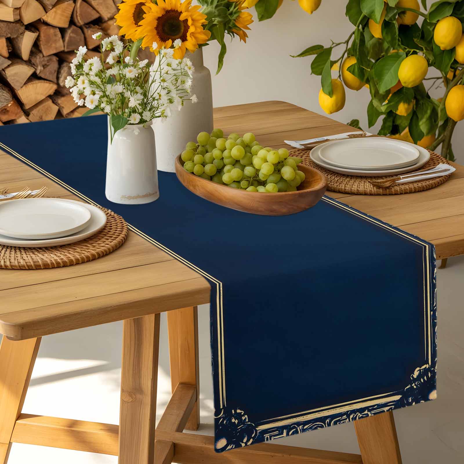 Retro Golden Flower Border Table Runner, Navy Blue Vintage Kitchen Table Runners Dress Scarves for Table Decorations Party/Restaurant/Indoor Outdoor Use, 13x120in