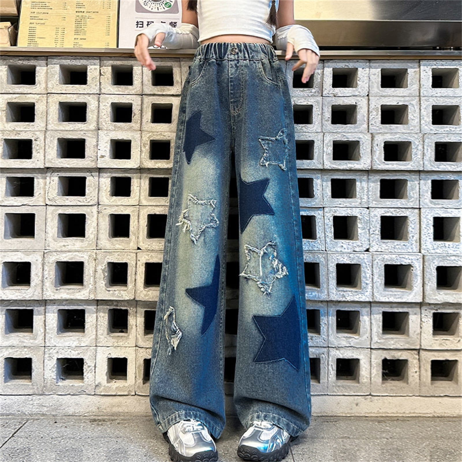 Kids Jeans Girls Cute Embroidered Pants Elastic Waist Wide Leg Jeans Loose Casual Demin Pants With Pockets Blue,5-6 Years