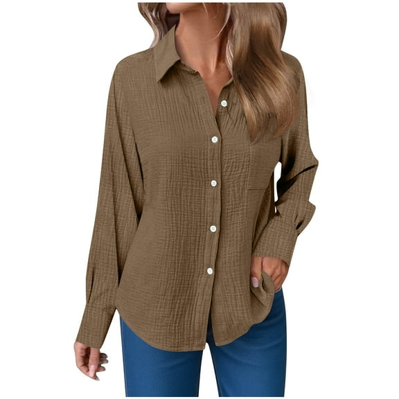 Casual Blouses for Women New Women's Button down Shirts Long Sleeve Blouses Dressy Casual Collared Loose Tops Business Work Tunic with Pockets Brown L